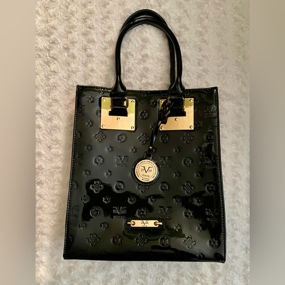 Versace patent-leather purse, famous print motif